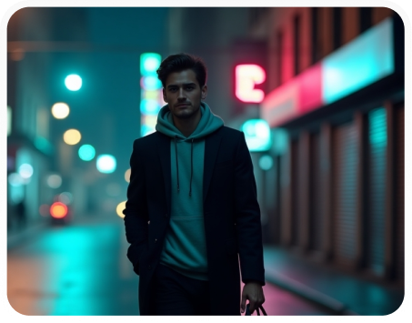 Confident man walking through a neon-lit urban street in winter attire