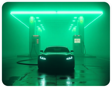 Futuristic electric vehicle charging under neon lights at night