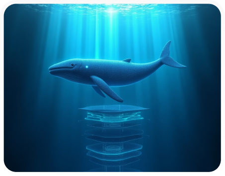 Digital blue whale hovering over layered holographic data structures in ocean light beams