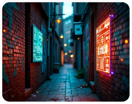 Futuristic urban alleyway with glowing digital panels and graffiti-covered brick walls