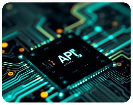 Close-up of an illuminated microchip labeled API on a glowing futuristic circuit board