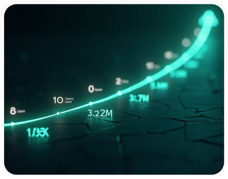 Futuristic glowing growth chart showing exponential rise in user metrics across a cracked surface path