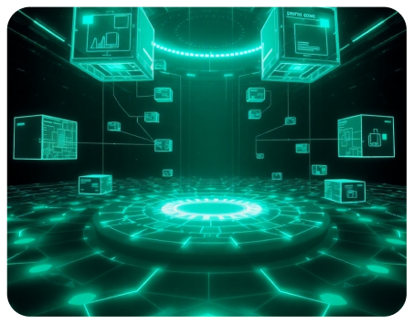 3D digital interface with floating data cubes and glowing green cyber grid for data processing or AI systems
